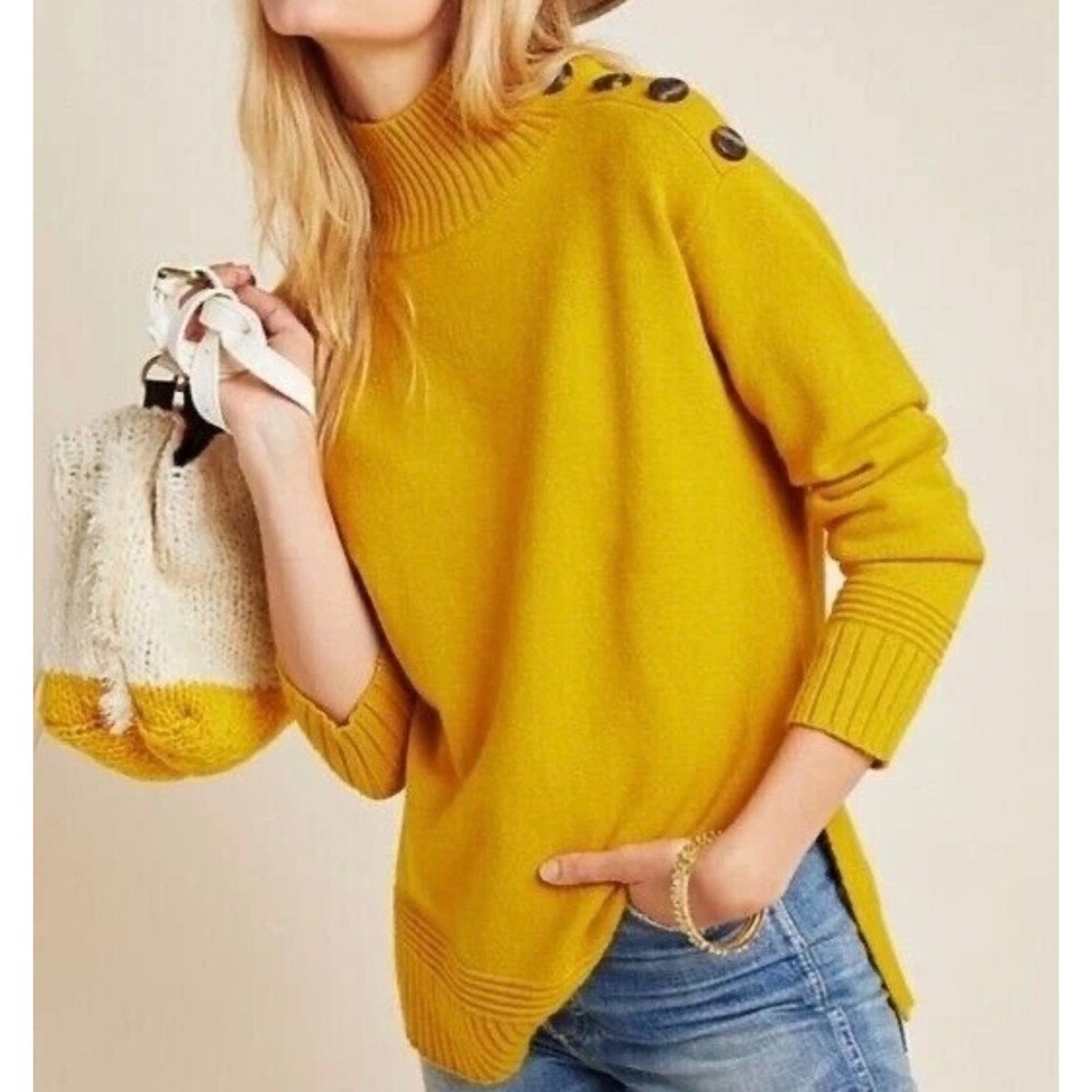 Anthropologie Mustard Yellow Button Shoulder Mock Neck Knit Sweater Small